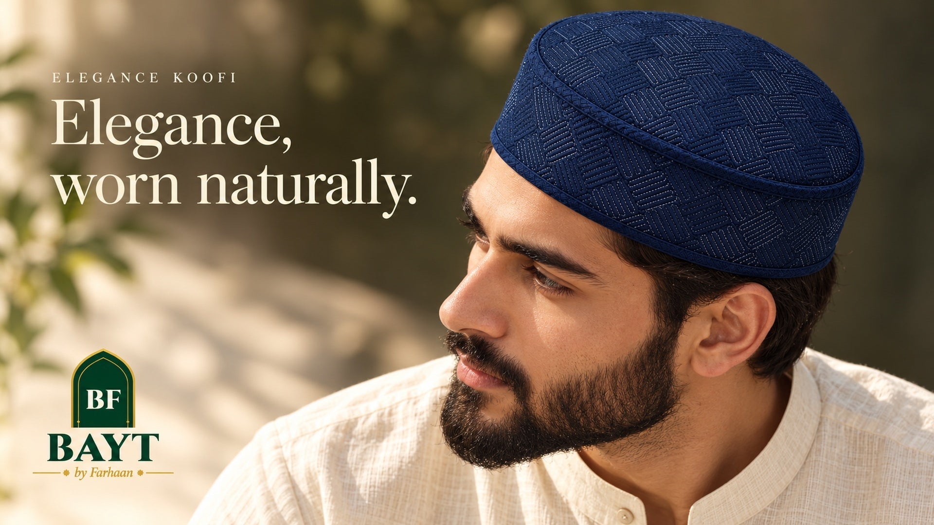 Close-up of Elegance Koofi worn naturally, showing original embroidery