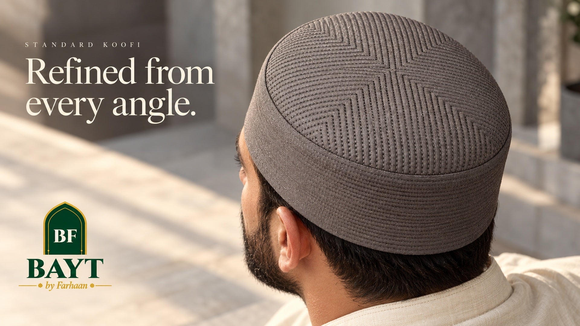 Close-up of Standard Koofi worn naturally, showing original embroidery